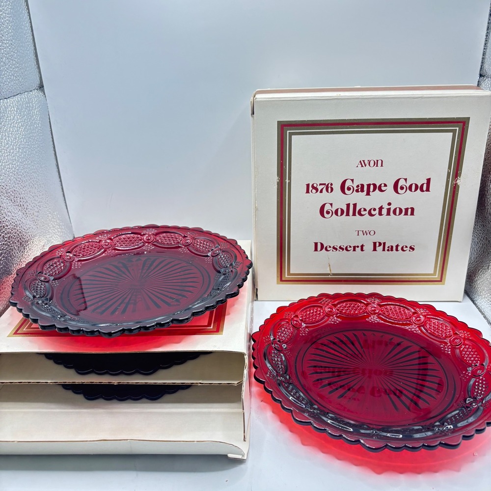 Avon 1876 Cape Cod Collection Ruby Red Glass Dessert Plates Set of 4 Vintage